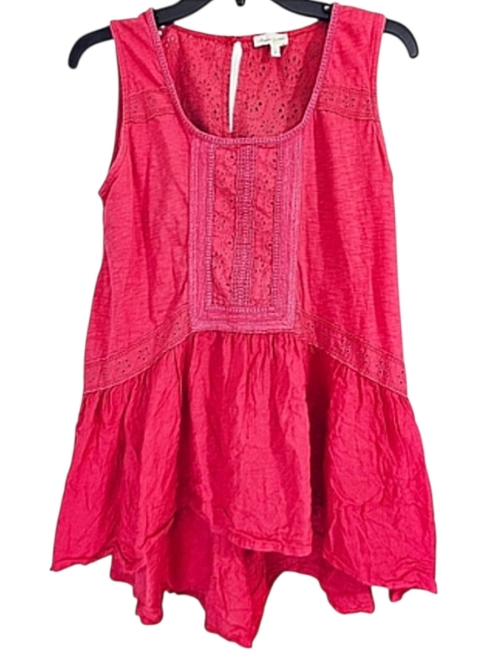 Meadow Rue Anthropologie Boho Lace Eyelet Barbiecore High Low Peplum Tank Top M